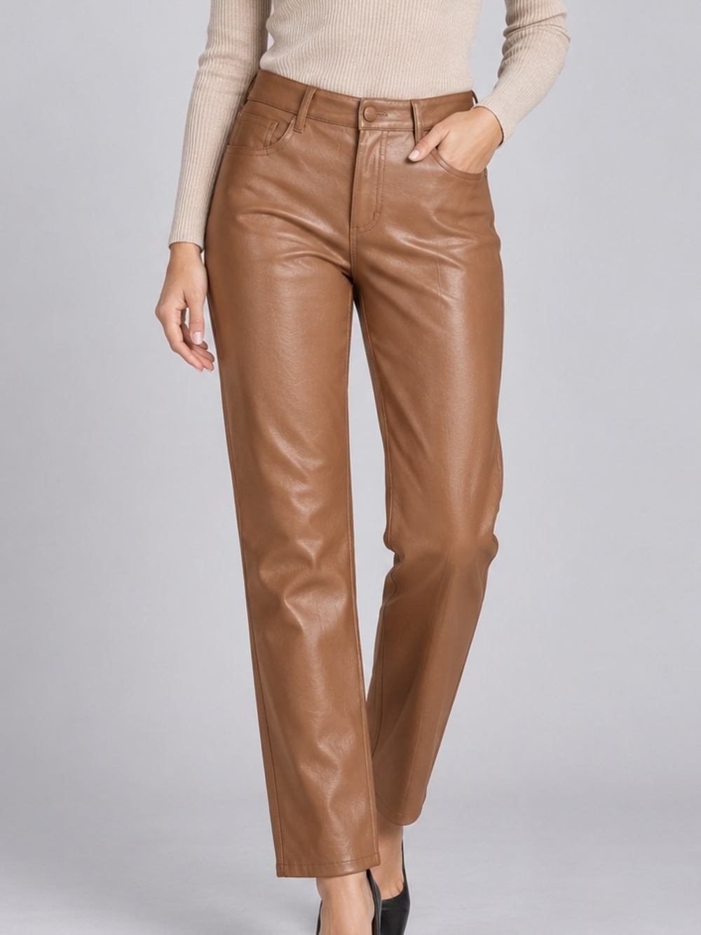 🆕🍑 Kobi Halperin Cognac Brown Faux Leather Straight Leg Pants Office Work Casual